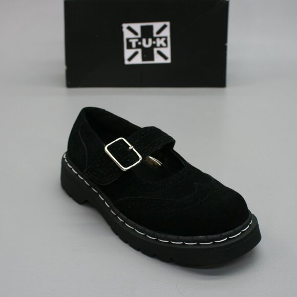 T.U.K. Ladies 7 Brogue Black Suede Wingtip Mary Jane Clunky Punk Shoes - T2328 - Picture 1 of 11